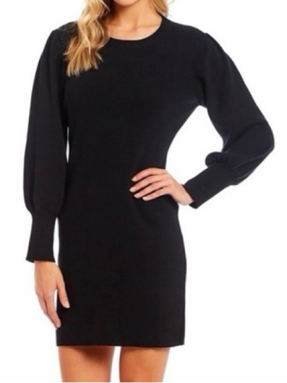 New Black Long Sleeve Puff-Sleeve Knit Dress
